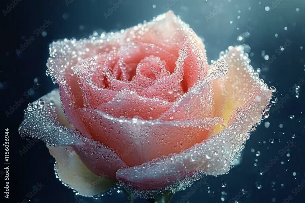 Fototapeta premium Beautiful pink rose with dew drops glistening in the light against a black background