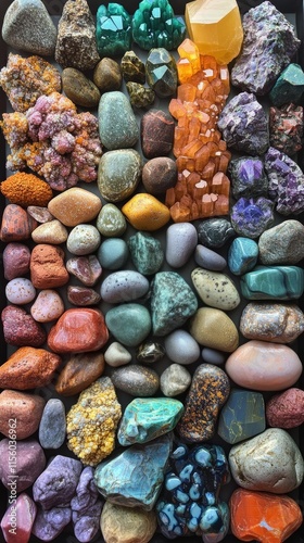 Vibrant collection of colorful gemstones and minerals displayed in assorted s...