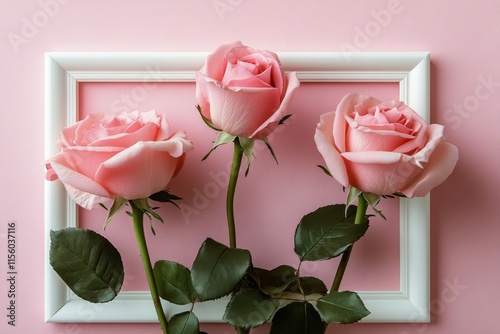 Beautiful pink roses displayed in a white frame against a soft pink background