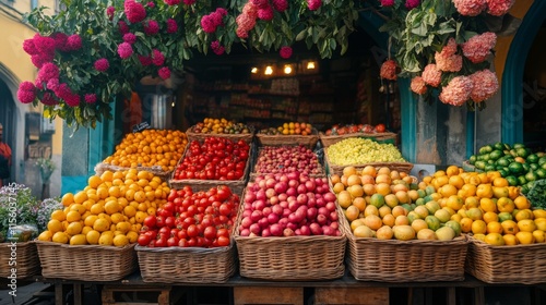 Vibrant fruit market showcasing colorful produce and fresh flowers in a livel...