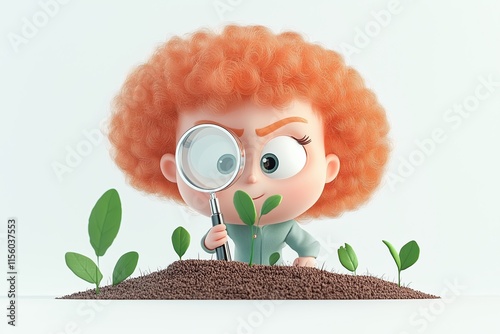 A young child with curly red hair explores freshly sprouted plants using a magnifying glass, evoking themes of curiosity, learning, and nature.
