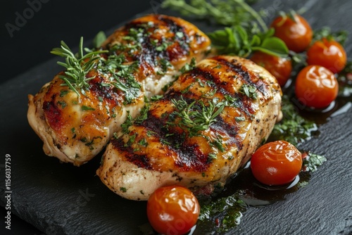 Grilled chicken breast topped with roasted tomatoes and herbs on a black plate