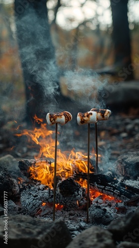 Campers roasting marshmallows over a fire in the woods during evening gathering