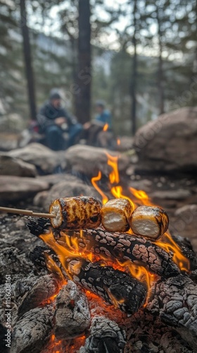 Campers roasting marshmallows over a fire in the woods during evening gathering