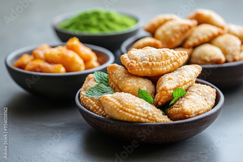 indian street food, various gujiyas and holi snacks laid out on a rustic kitchen counter, with vibrant colored bowls nearby for festive display photo