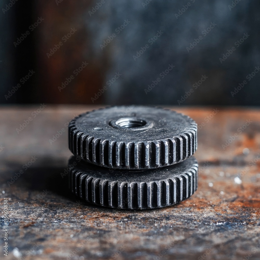 Two interlocking gears stacked on a surface, representing mechanical engineering and industry. Two interlocking gears stacked on a surface, representing mechanical engineering and industry.