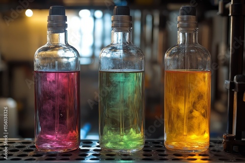 Colorful liquid containers on display in a laboratory during the afternoon