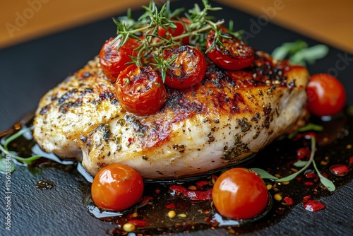 Grilled chicken breast topped with roasted tomatoes and herbs on a black plate
