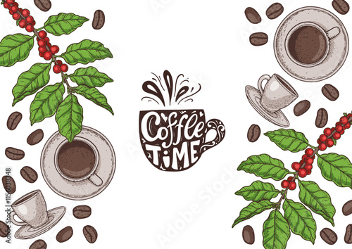 Coffee hand drawn illustration. Coffee menu design elements. Vector illustration. Cups of coffee