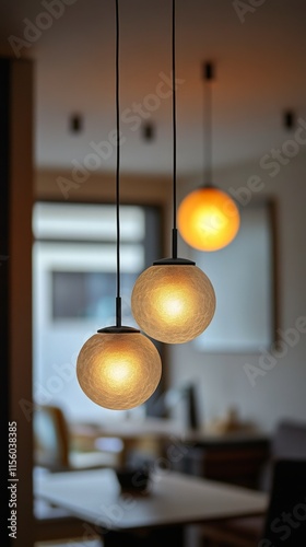 Warm glowing pendant lights enhancing interior decor during sunset