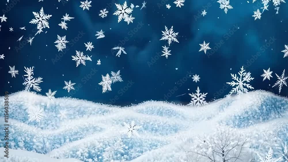 Gently falling snowflakes against a dark blue background, creating a serene winter atmosphere that showcases the beauty and uniqueness of each flake. Gently falling snowflakes against a dark blue background, creating a serene winter atmosphere that showcases the beauty and uniqueness of each flake.