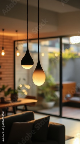 Warm glowing pendant lights enhancing interior decor during sunset