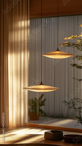 Warm glowing pendant lights enhancing interior decor during sunset