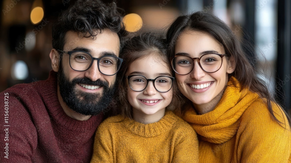 A joyful family with glasses enjoys time together in a well lit cafe smiling happily A joyful family with glasses enjoys time together in a well lit cafe smiling happily