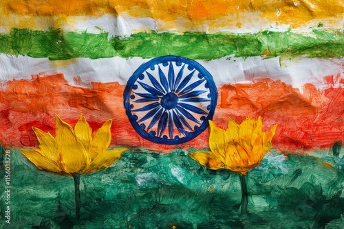 Vibrant representation of Indian flag with traditional colors and emblem in a...