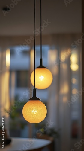 Warm glowing pendant lights enhancing interior decor during sunset