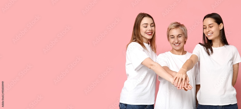 Women putting hands together on pink background with space for text Women putting hands together on pink background with space for text