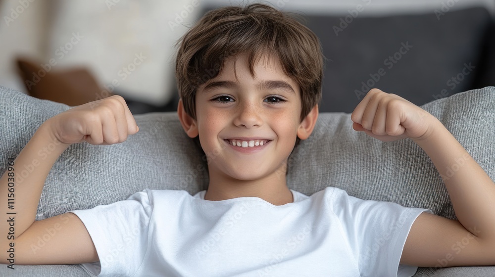 A boy with a big smile shows off his muscles while sitting comfortably on a couch in a cozy room A boy with a big smile shows off his muscles while sitting comfortably on a couch in a cozy room