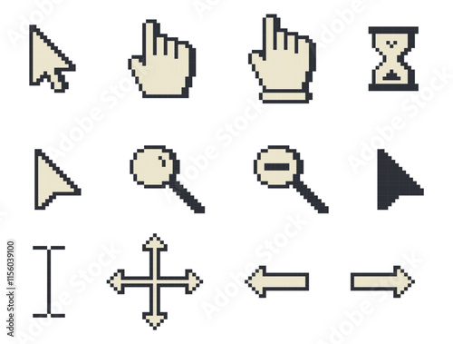 Beige and black pixel art cursor and icon set, Cursor icon set, cursor pointers, cursor mouse icon set, zooming icon set, arrow, hourglass, computer mouse, 8-bit, pixel cursor icon set, pixel art.	

