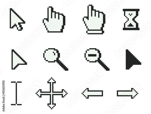 Minimalist pixel art cursor and icon set, Cursor icon set, cursor pointers, cursor mouse icon set, zooming icon set, arrow, hourglass, computer mouse, 8-bit, pixel cursor icon set, pixel art.	
