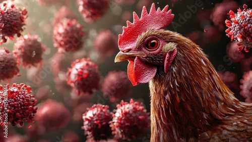 A visual representation of a chicken alongside flu virus molecules, symbolizing the concept of avian flu, its impact on poultry, and potential health risks.
