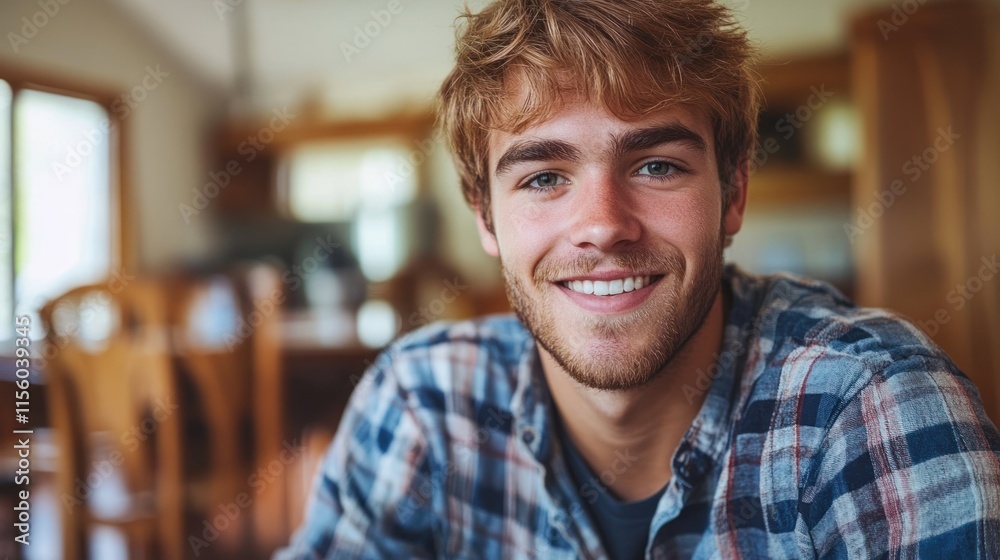 A young man with a friendly smile sits at a table in a sunny room with wooden decor A young man with a friendly smile sits at a table in a sunny room with wooden decor