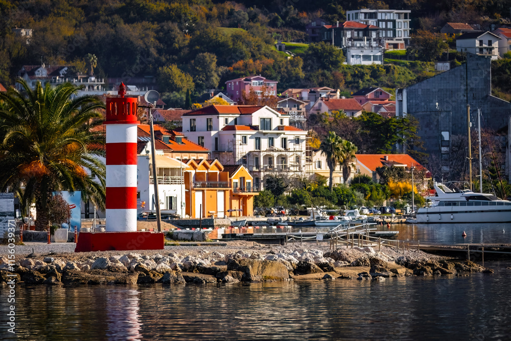 View of Tivat sea port bay from the water with ships