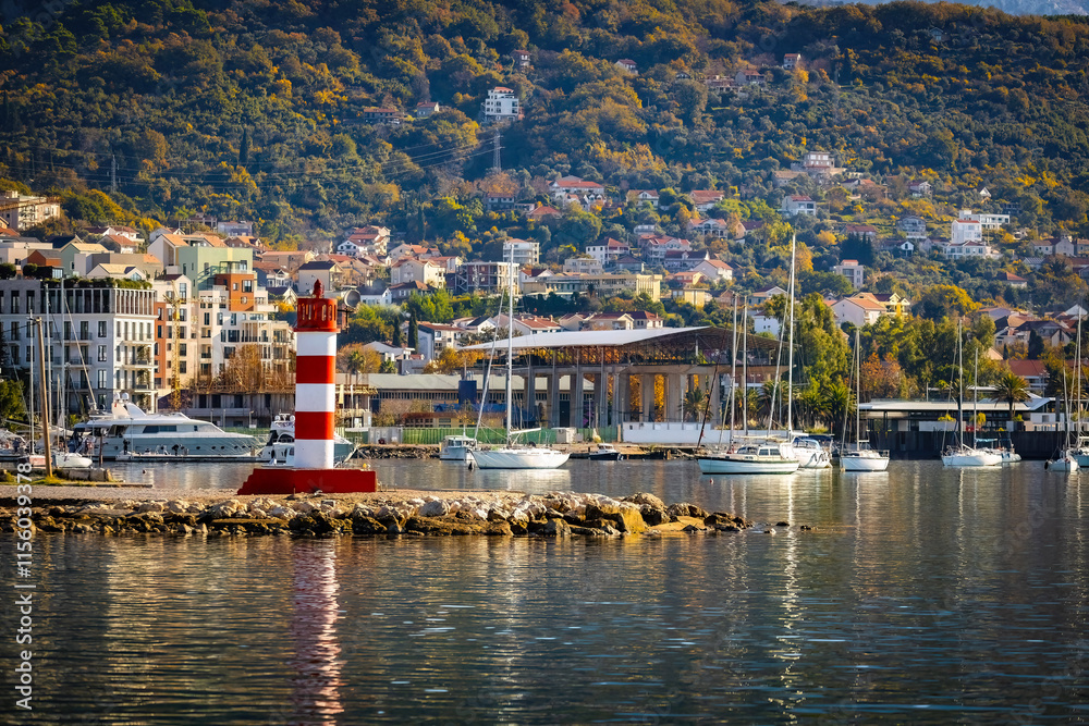 View of Tivat sea port bay from the water with ships