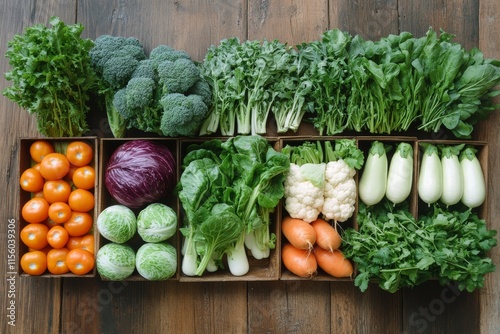 Fresh vegetables arranged on a rustic wooden surface with kale, tomatoes, and...