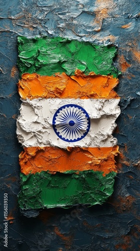 Old wall texture with cracked paint displaying India flag colors and emblem