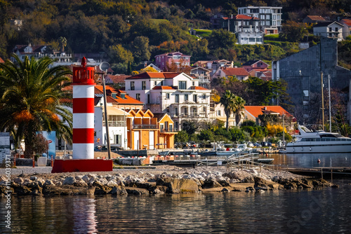 View of Tivat sea port bay from the water with ships photo