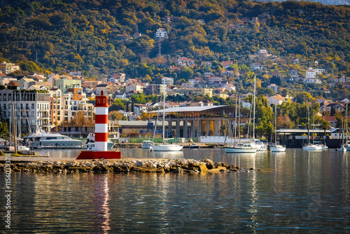 Obraz na płótnie View of Tivat sea port bay from the water with ships w salonie