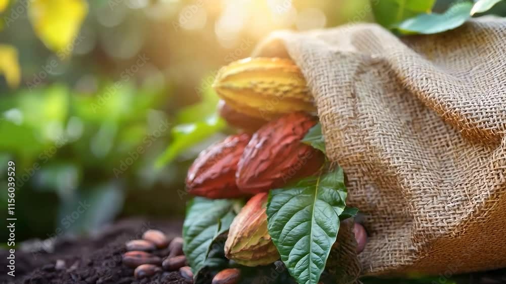 Close-up of ripe cocoa pods growing on cacao trees in a tropical farm, illustrating the natural cultivation process for chocolate production.