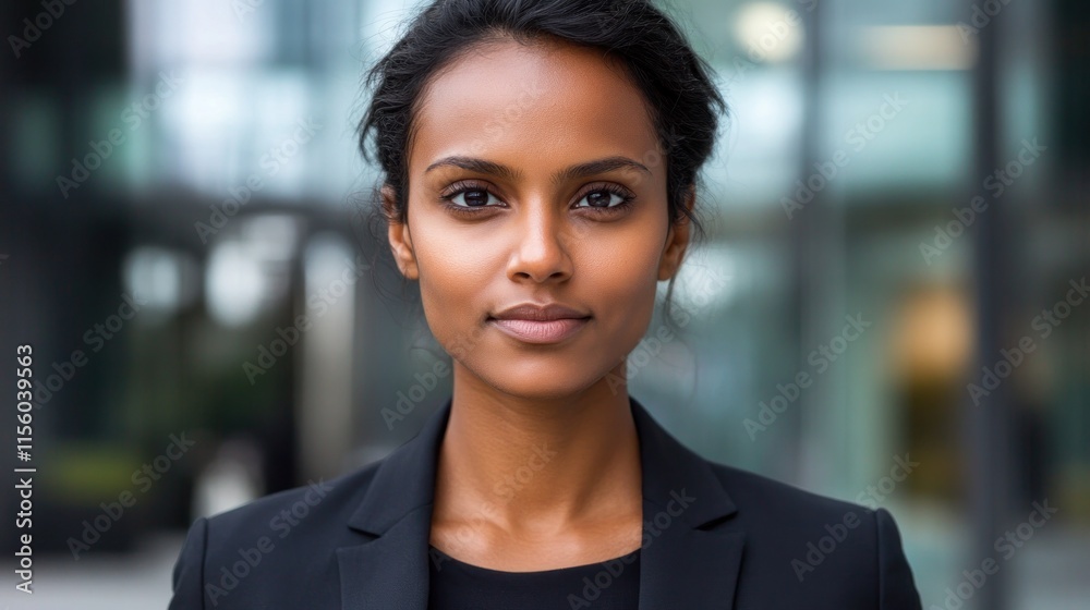 Naklejka premium A confident woman stands front and center, showcasing her professional attire against a modern background
