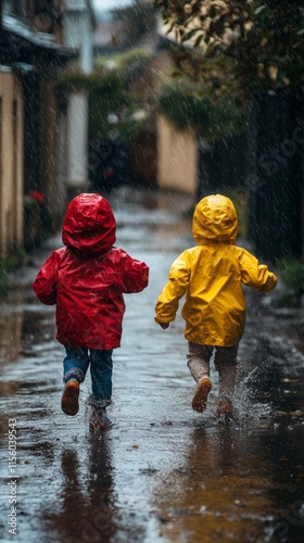 Children in colorful rain jackets play in a wet alley on a rainy day