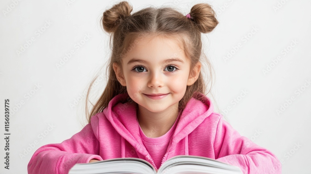Smiling girl with playful hairstyle enjoys reading a book in a bright, cozy indoor space Smiling girl with playful hairstyle enjoys reading a book in a bright, cozy indoor space