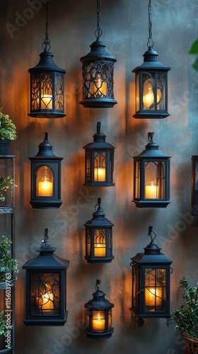 Colorful lanterns hang in an enchanting market showcasing artistic designs an...