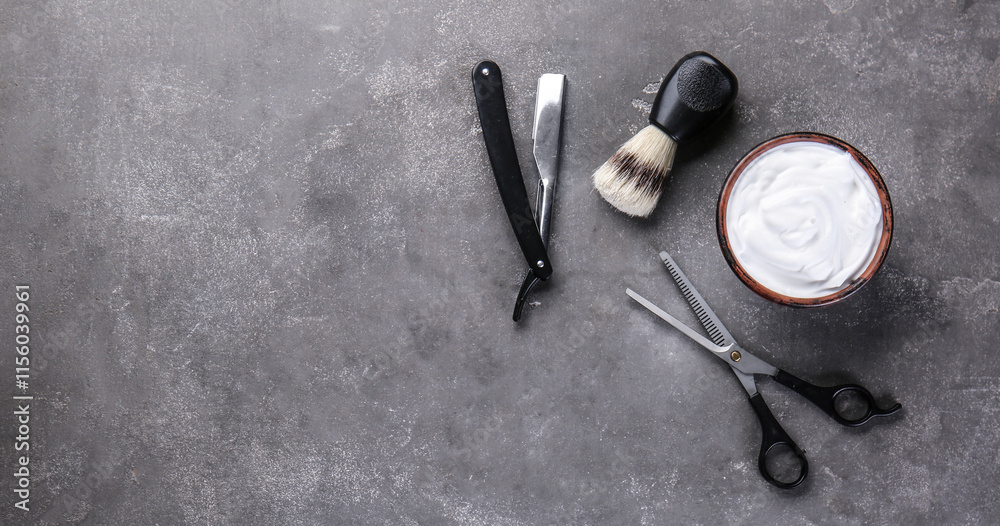 Set of male shaving accessories on grey background Set of male shaving accessories on grey background