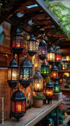 Colorful lanterns hang in an enchanting market showcasing artistic designs an...