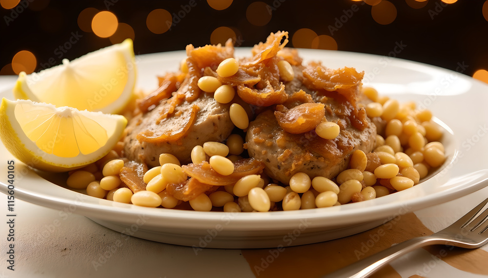 White beans with caramelized onions and sausage slices White beans with caramelized onions and sausage slices