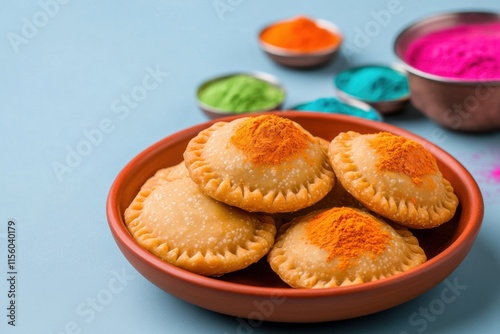 holi festivities, gujiyas arranged on a terracotta plate at the center of a vibrant holi picnic with colorful powders and festive beverages photo