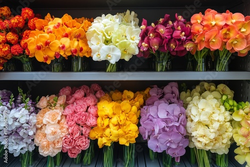 Colorful ranunculus flowers arranged on a wooden shelf in a bright setting