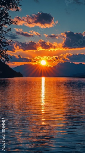 Beautiful sunset over the ocean with golden reflections on the water and vibr...