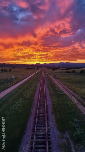 Vibrant sunset over railway tracks stretching into the horizon in a rural set...