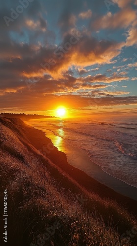 Beautiful sunset over the ocean with golden reflections on the water and vibr...