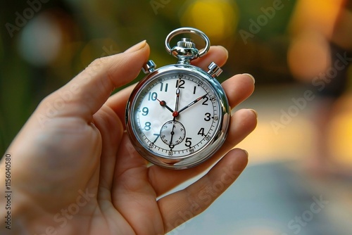 close-up shot of a businesswoman's hand holding a stopwatch, symbolizing time management and control in a fast-paced work environment.