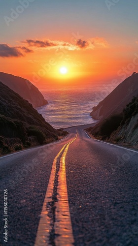 Sunset over the ocean viewed from a winding coastal road