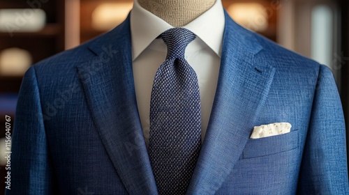Elegant blue suit displayed with a classic white shirt and patterned tie in a...