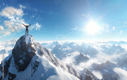 Reaching the summit with triumph at a snowy mountain peak under a clear blue sky