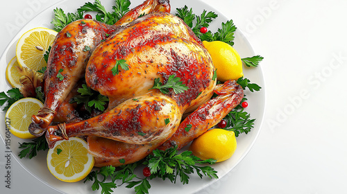 Roasted turkey with herbs and lemon on a platter concept for festive dining photo